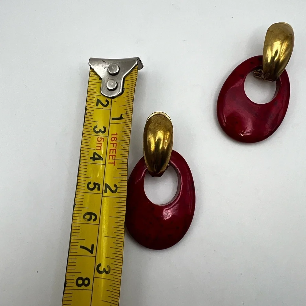 Vintage Red Howlite interchangeable oval stone gold tone pierced earrings